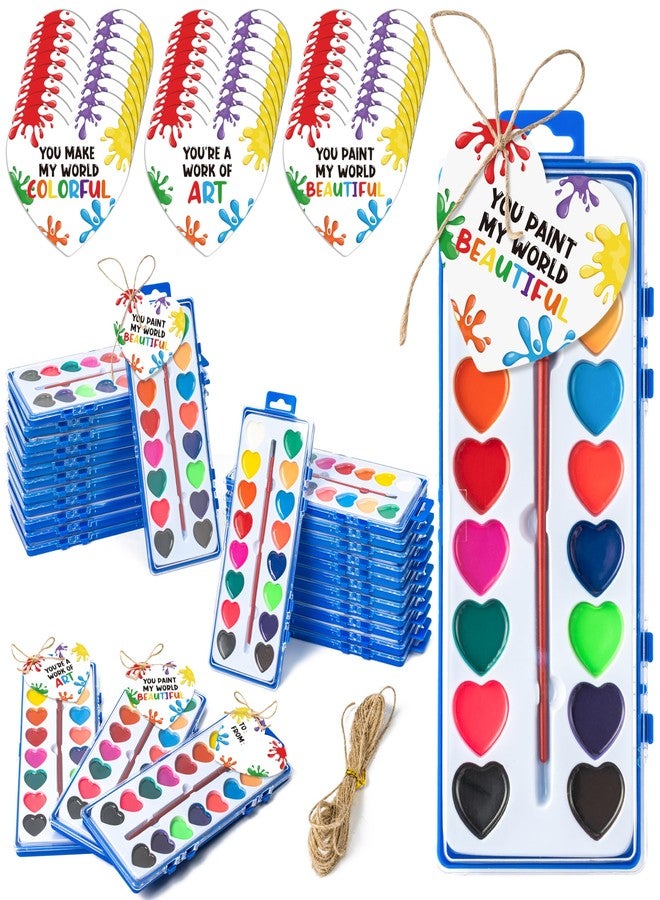 CPicdn Valentine’s Day Gift Card Set, 16 Color Watercolor Paint Set, 24 Pack Bulk Washable Paint Set with Brush for Kids Adult, School Classroom Supplies Party Favors Valentines Prizes Exchange Gifts - Image 1
